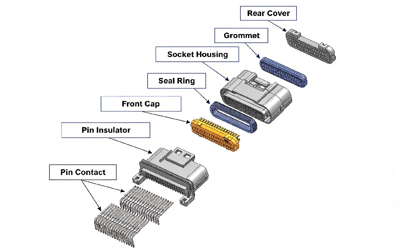 Exploded view of HRB waterproof wire-to-wire connector showing pin contacts, pin insulator, front cap, seal ring, socket housing, grommet and rear cover Rozložený pohled na HRB vodotěsný konektor drát-vodič zobrazující kontakty kolíků, izolátor kolíků, přední kryt, těsnicí kroužek, pouzdro zásuvky, průchodku a zadní kryt